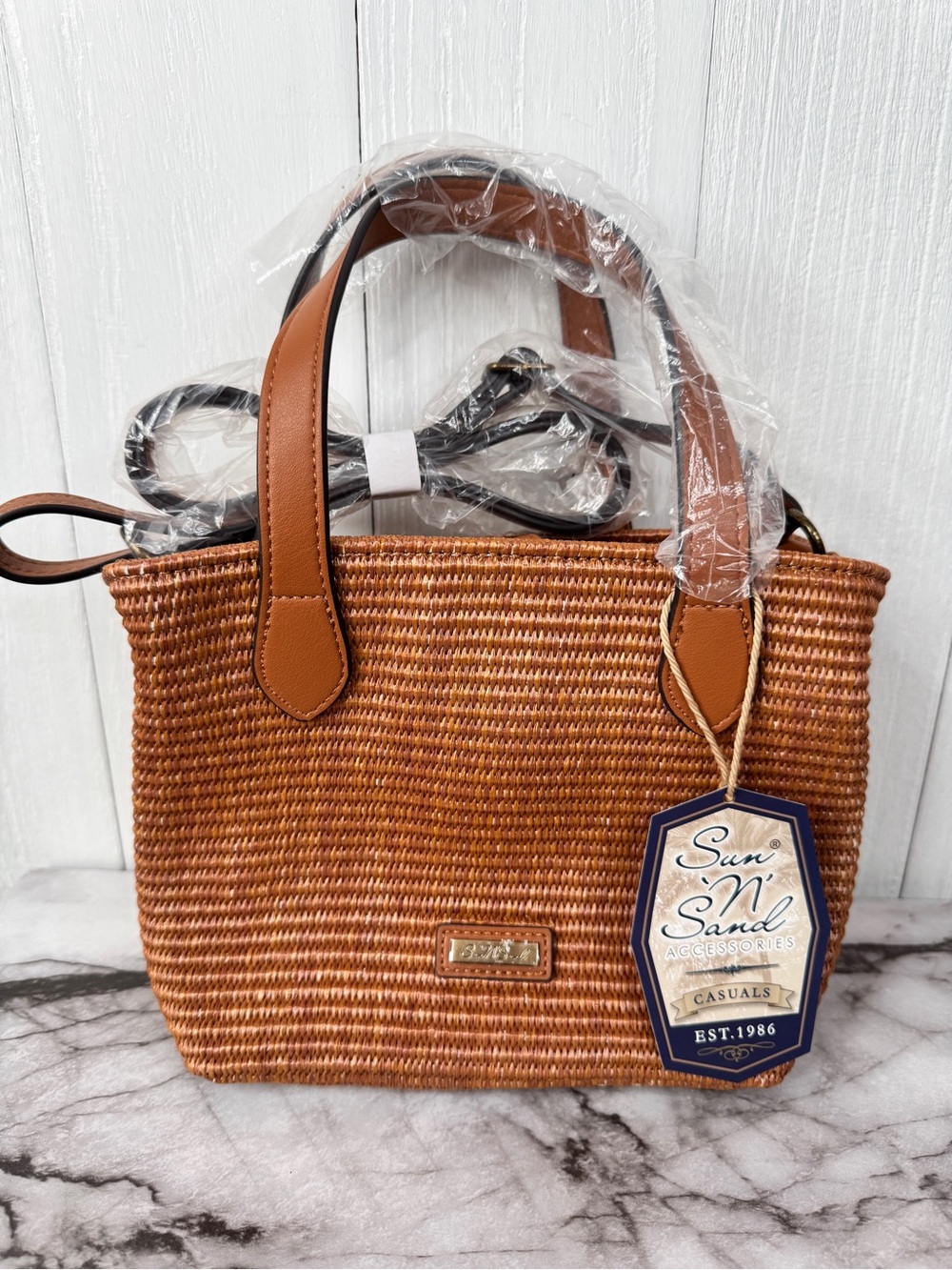 Sun N Sand Tan Woven Tote Bag Faux Leather Handles Beach Resort Summer